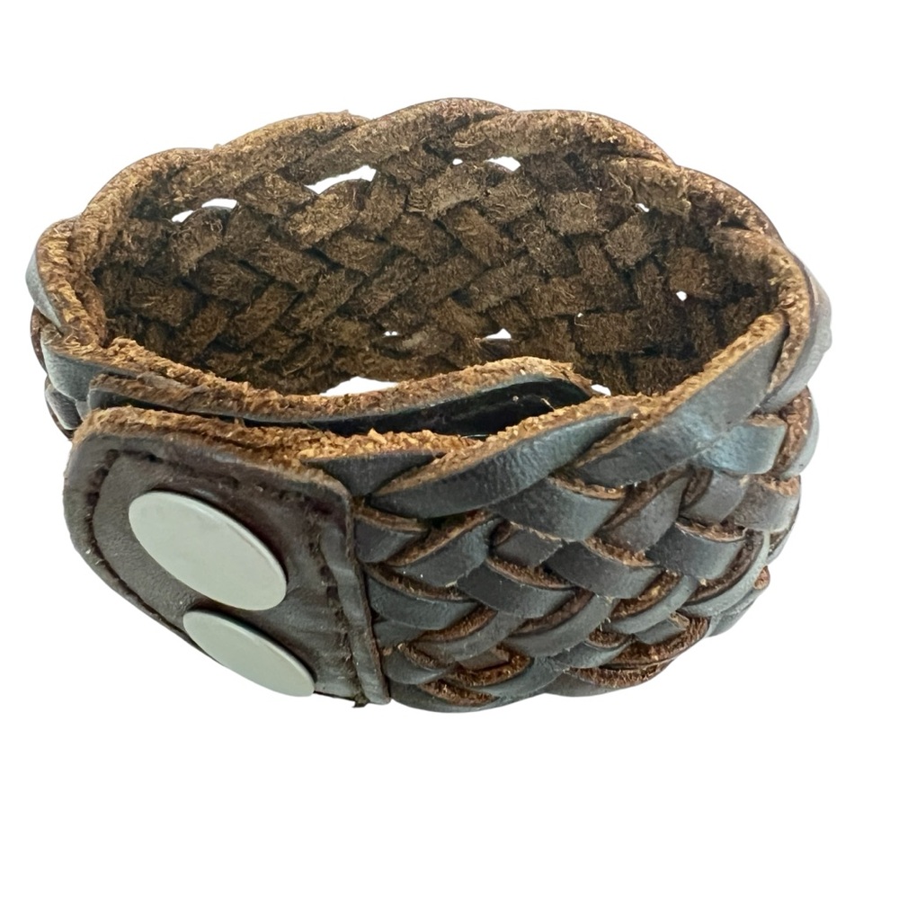Woven Leather Brown Silver Jewelry Cuff unisex snaps shut